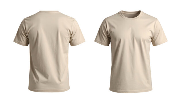 A light tan t-shirt, front and back views, isolated on a black background, plain