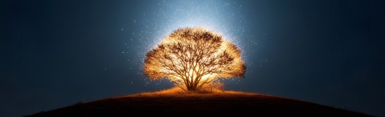 Burning bush on a hill at night, The Unburnt Bush. Biblical story of Moses and sacred divine manifestation for religious design.