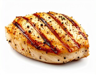 Juicy grilled chicken breast seasoned with black pepper and herbs on a white background.