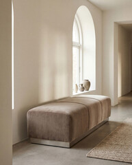 minimal interior bench in bright neutral room