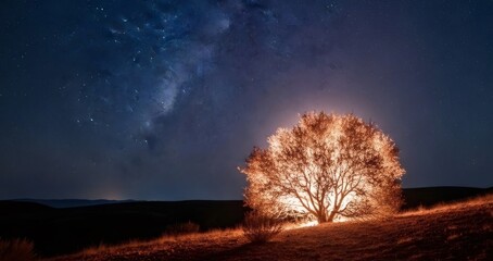 Glowing bush under night sky with stars, symbolic burning bush of Moses biblical story for religious concept, spiritual illustration.