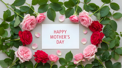 Happy mother's day floral arrangement with roses and leaves