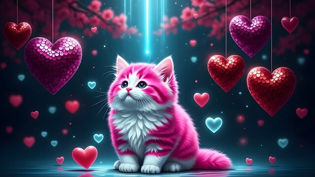 Whimsical pink cat surrounded by hearts and magic