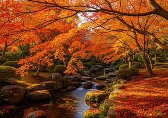 A serene japanese garden in autumn, with a gentle stream flowing over rocks, surrounded by vibrant red maple trees and fallen leaves