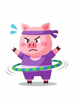 ブタはフラフープ運動で少し怒っているイラスト デザイン