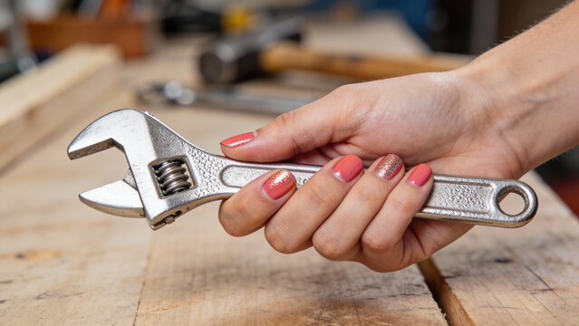 Hand holding adjustable wrench with painted nails in workshop setting. Wrench is metallic and shiny, gripping tightly to highlight strength and tool usage.