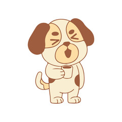 Cute cartoon dog yawning while holding a coffee cup, set against a plain background