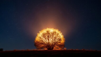 Burning bush against dark starry night sky. Biblical story of Moses receiving Gods revelation. Divine presence and spiritual awakening concept.