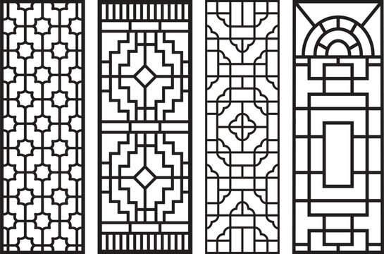 Four black and white jali patterns with geometric and lattice structures
