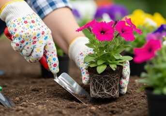 Gardener wearing gloves planting a pink petunia flower in soil with a trowel