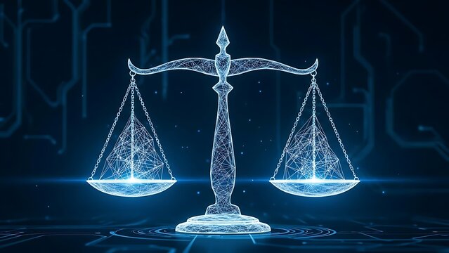 A glowing, digital-style balance scale, set against a futuristic circuit-board backdrop
