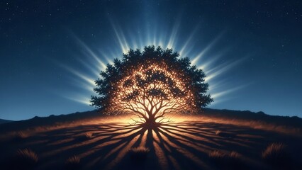 Glowing tree at night, a biblical burning bush concept for religious illustration or spiritual design