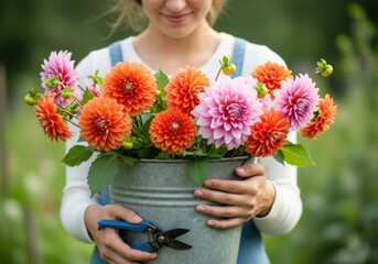Woman holding a bucket of vibrant dahlias in a garden, showcasing the beauty of fresh flowers and gardening