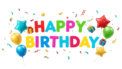Happy birthday colorful text with balloons and stars isolated on transparent background