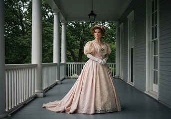 Fototapeta premium Elegant formal wear from a bygone era, featuring a voluminous pastel gown and lace detailing, posed on a grand porch setting ,porch ,refined ,delicate