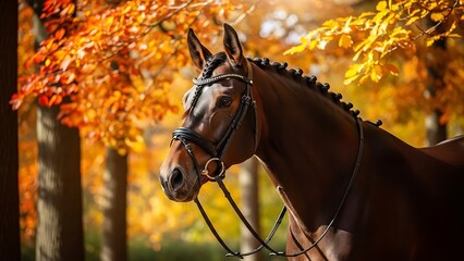 Obraz premium A majestic brown horse stands amidst vibrant autumn foliage with sunlight filtering through the trees