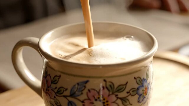 Pouring hot milk tea into floral ceramic cup with rising steam