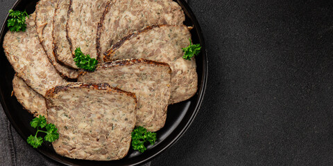Pate pork liver country pâté baked terrine meat food preparation tasty snack fresh delicious gourmet food background on the table rustic food top view copy space
