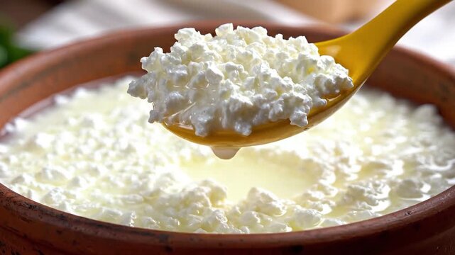 Yellow spoon scooping white curd or cottage cheese from rustic bowl
