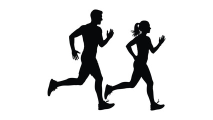 two silhouetted figures running forward a man and a woman in motion athletic activity