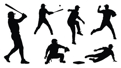 silhouettes of baseball players in various action poses showcasing a dynamic game sequence