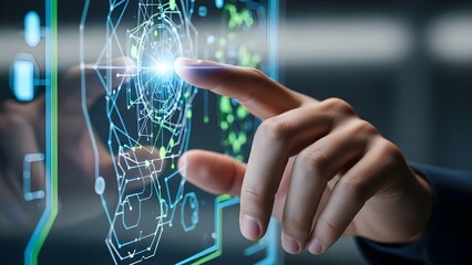 Human hand interacting with futuristic digital interface and circuit board