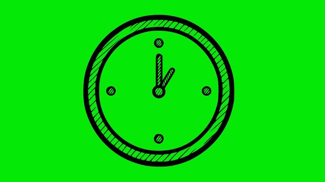 Detailed hand drawn style clock animation with rotating hands. Black fill sketch on chroma key green background. Ideal for time lapse, deadline, or schedule concepts