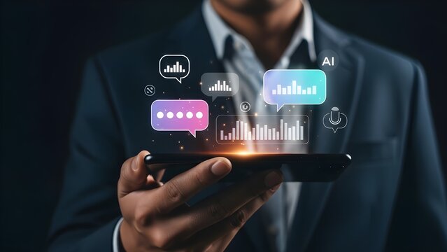 Businessman interacting with futuristic digital interface on smartphone - Powered by Adobe