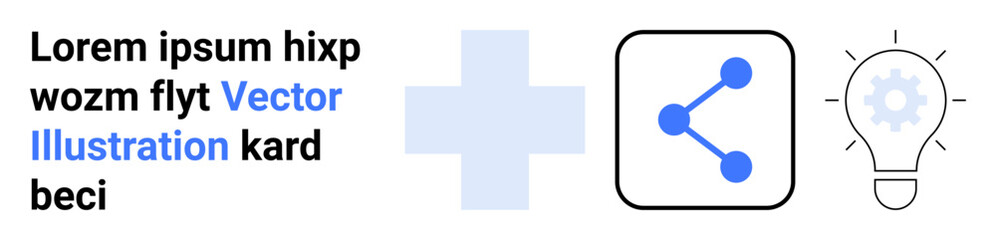 Fototapeta premium Collaboration, innovation, connectivity, teamwork, idea generation, digital interaction. Blue cross, share icon lightbulb with a gear inside. Collaboration and innovation concepts