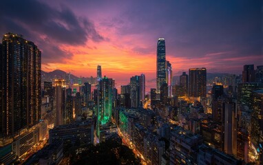 Obraz premium Illuminated skyscrapers pierce a vibrant, fiery sunset over a sprawling cityscape