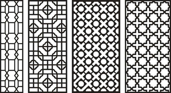 Black and white geometric jali patterns with intricate 2