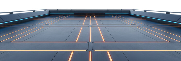 Sci Fi Roof Deck With Neon Stripe 3D depicts futuristic outdoor platform with orange floor lines and blue wall lights for spaceship or station exterior.