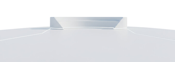 White Futuristic 3D Circle Stage features empty minimalist podium with curved wall and light lines suitable for product display or exhibition.