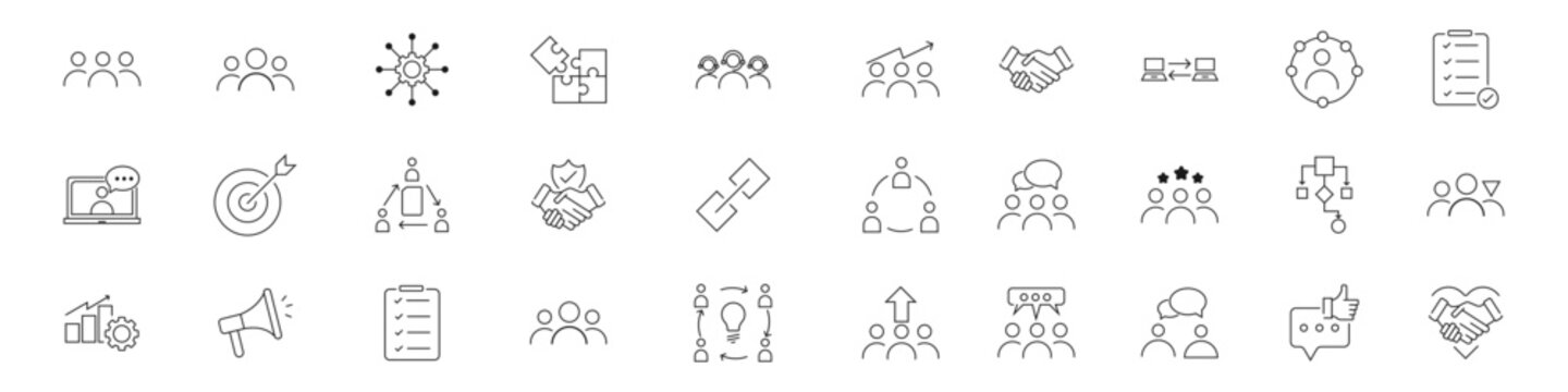 Teamwork and Collaboration Line Icon Set &ndash; 30 Outline Vector Icons for Team, Communication, Workflow, Corporate and Remote Work Design