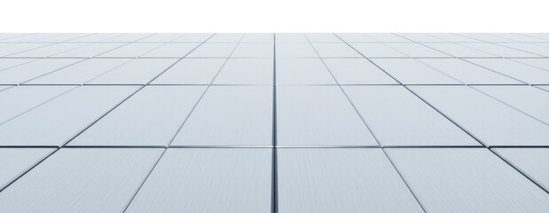 3D White Metallic Tiled Floor Perspective Background displays clean geometric silver surface with square tiles stretching to horizon suitable for industrial technology or futuristic architecture.