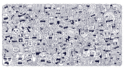 Black and White Doodle Monster Pattern Detailed Chaotic Hand Drawn Cartoon Characters Background © vectorial