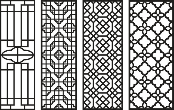 Four black and white jali patterns with intricate geometric