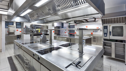 Industrial-grade kitchen with stainless steel surfaces, central island, and advanced appliances for...