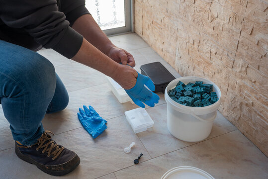 Pest control technician putting on blue protective gloves for safety