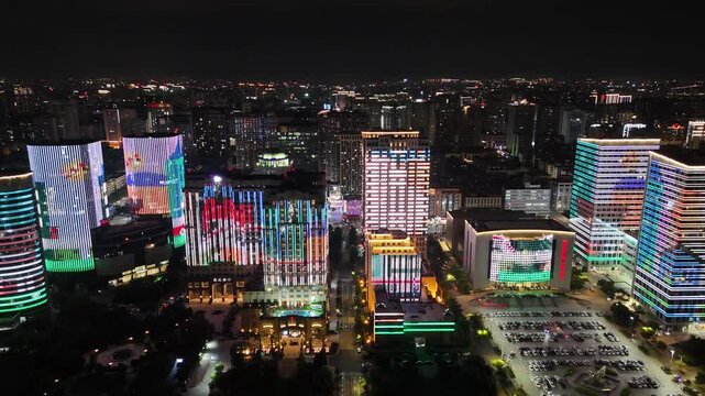 Wanxiang Plaza Shantou City at Night - Aerial View with LED Lighting