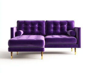 Fototapeta premium Purple velvet sectional sofa with tufted cushions and gold legs