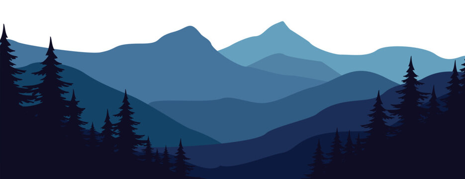 A serene mountain landscape with silhouetted trees against a blue background