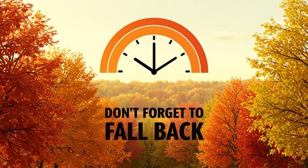 Daylight saving time change reminder with autumn trees and clock  fall back