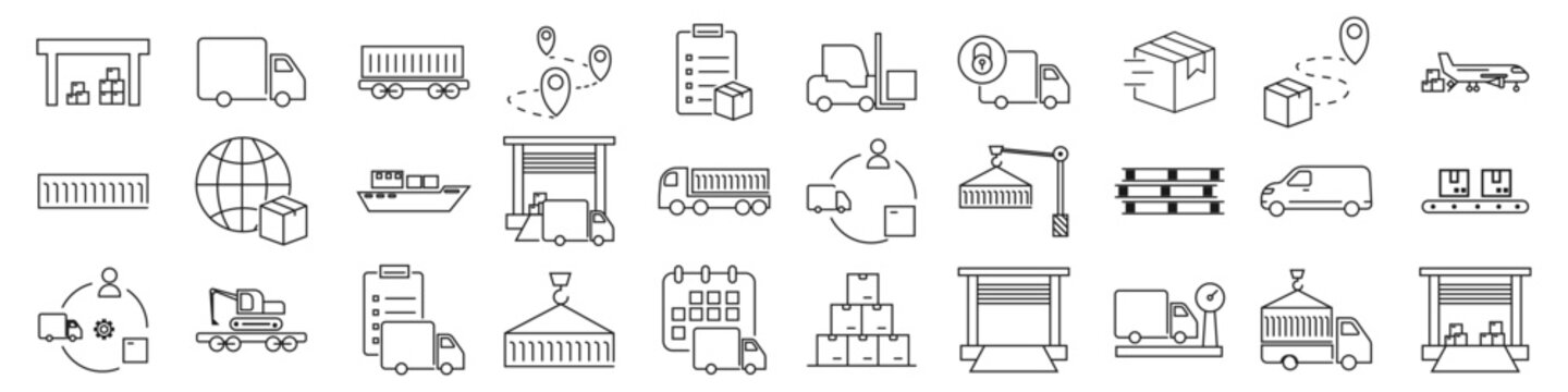 Logistics and Industrial Transport Line Icon Set &ndash; 30 Outline Vector Icons for Supply Chain, Shipping, Warehouse and Freight Design