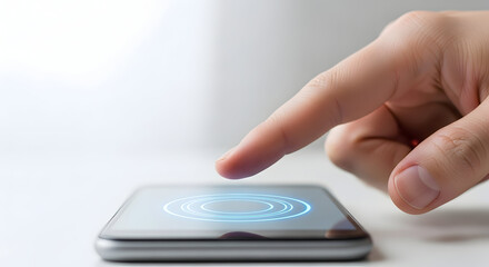 finger hovering above a smartphone screen, simple transparent blue holographic circle interface
