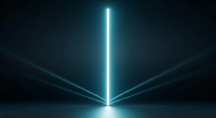 Futuristic neon blue vertical light beam illuminating dark reflective room