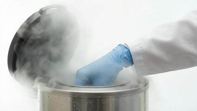 Scientist in lab, gloved hand holds a test tube over a nitrogen tank for cryopreservation, showing samples for research
