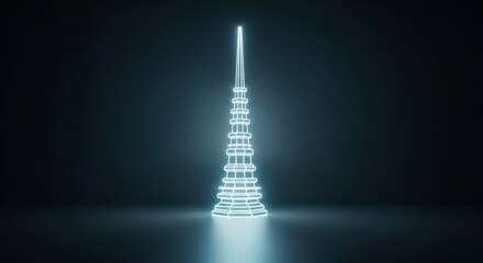 Futuristic digital wireframe tower glowing in dark space with neon light
