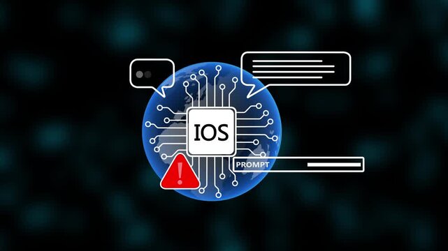 Global iOS AI System Prompt Concept with Digital Chip on Earth, Warning Alert Symbol, Message Notification Count,Chat Speech Bubbles, Data Lines and Futuristic Technology Interface on Dark Background.