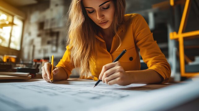 Professional female architect in work process. Drawing building design and preparing construction documents.